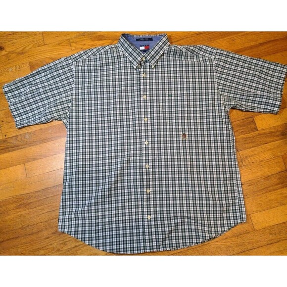 Tommy Hilfiger Shirt Mens XXL Green Plaid Pocket ButtonUp Vintage Lions Crest - Picture 2 of 8
